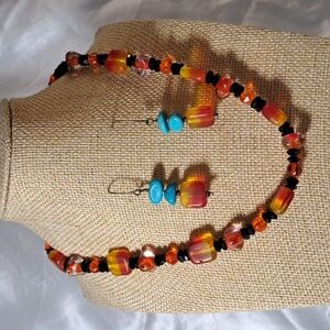 Hand Crafted Faux Turquoise Czech Bead Necklace Earring Coord Set